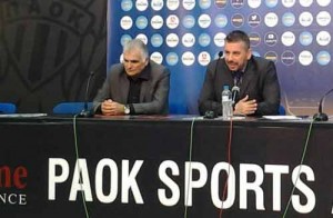 Ο προπονητής του ΠΑΟΚ Σ. Μαρκόπουλος και ο προπονητής της Κηφισιάς Ηλ. Παπαθεοδώρου σε συνέντευξη Τύπου