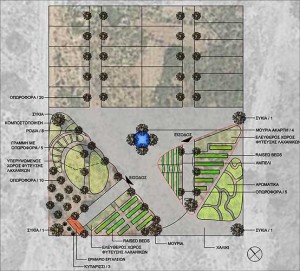 Κάτοψη σχεδίου διαμόρφωσης οικολογικού κήπου «αειφόρου καλλιέργειας» στο Κτήμα Καρέλλα